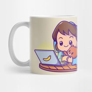 Cute Girl Watching On Laptop With Doll Cartoon Mug